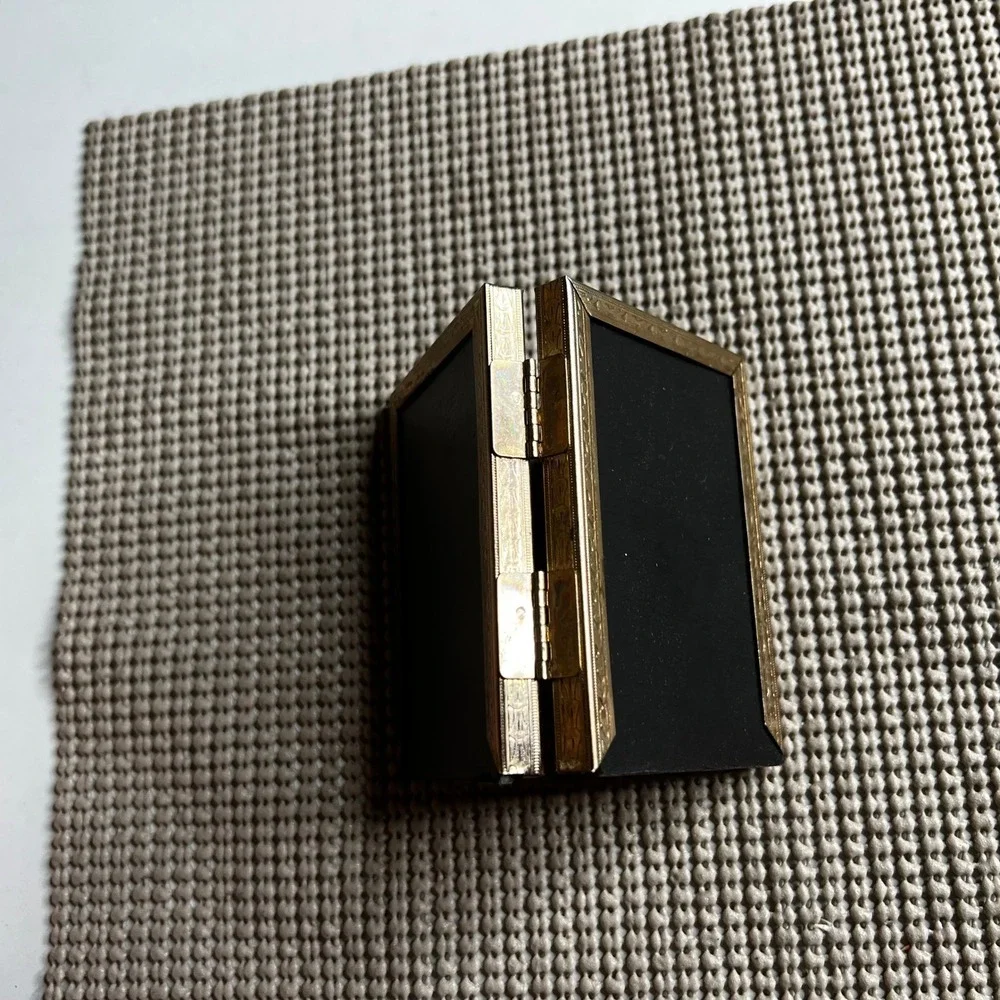 Vintage Gold Etched Metal Folding Double Picture Frame Miniature Travel Size